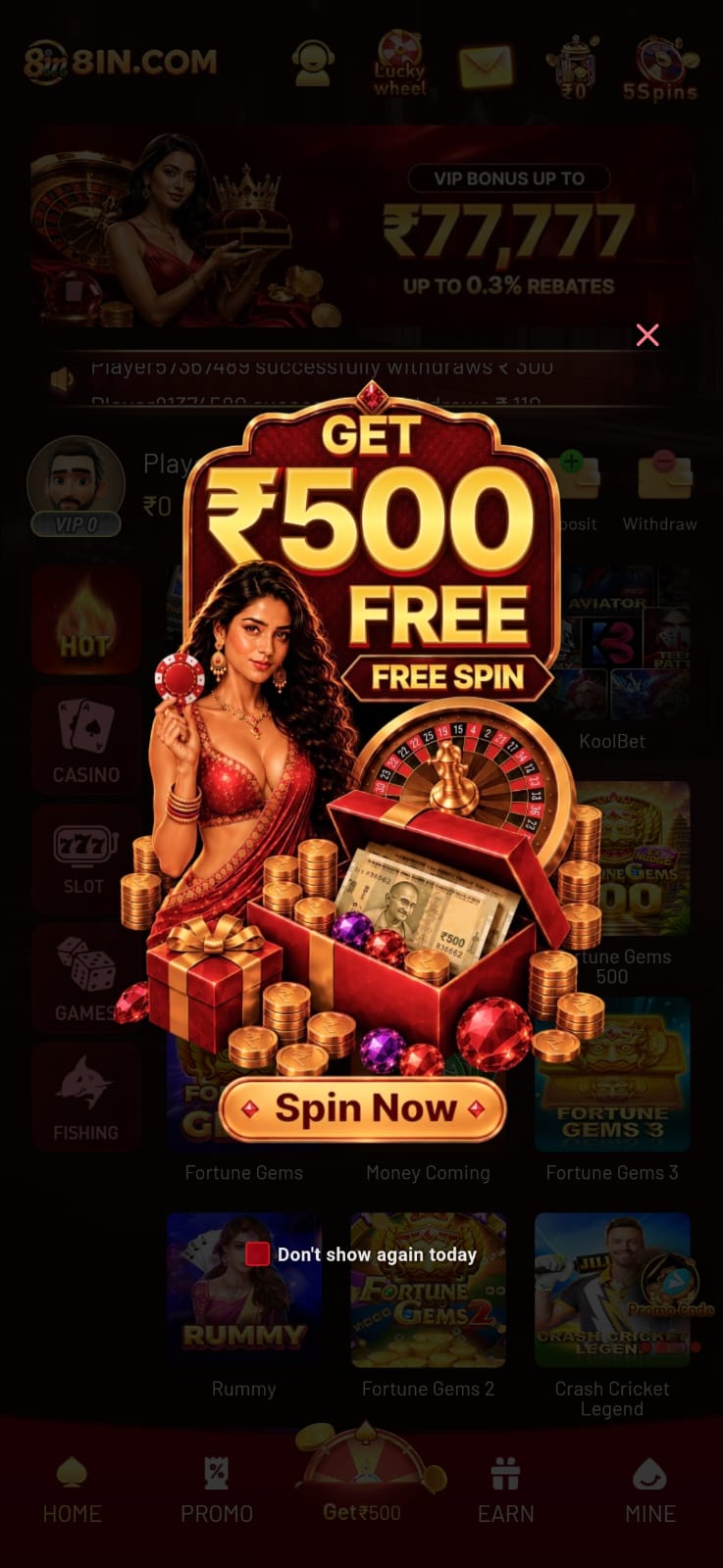 8IN Game gaming platform interface with bonus, free spins and game options