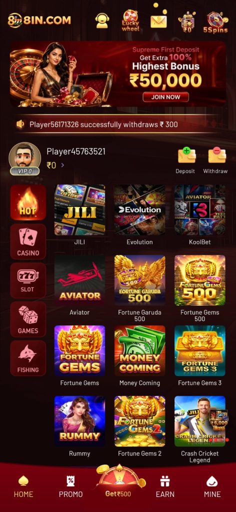 8IN Game home screen with casino, slot, fishing and multiple gaming options