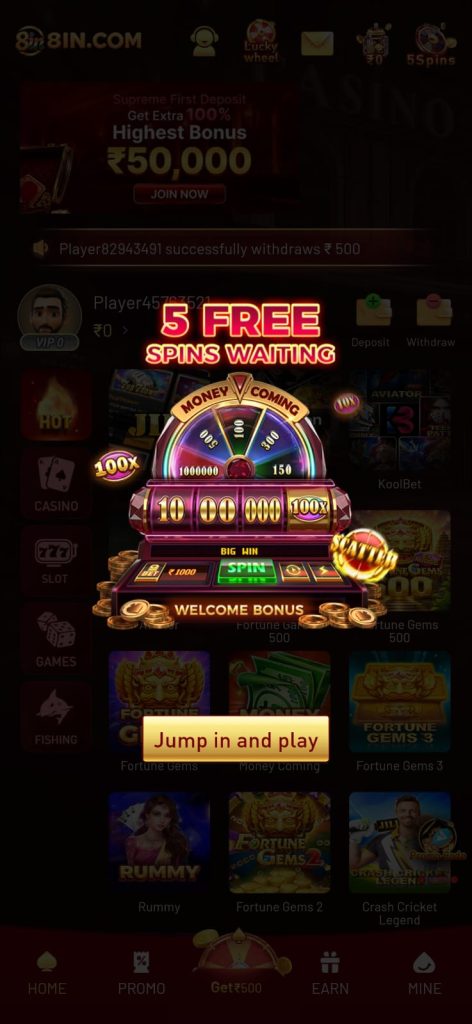 8IN Game gaming platform interface with bonus, free spins and game options