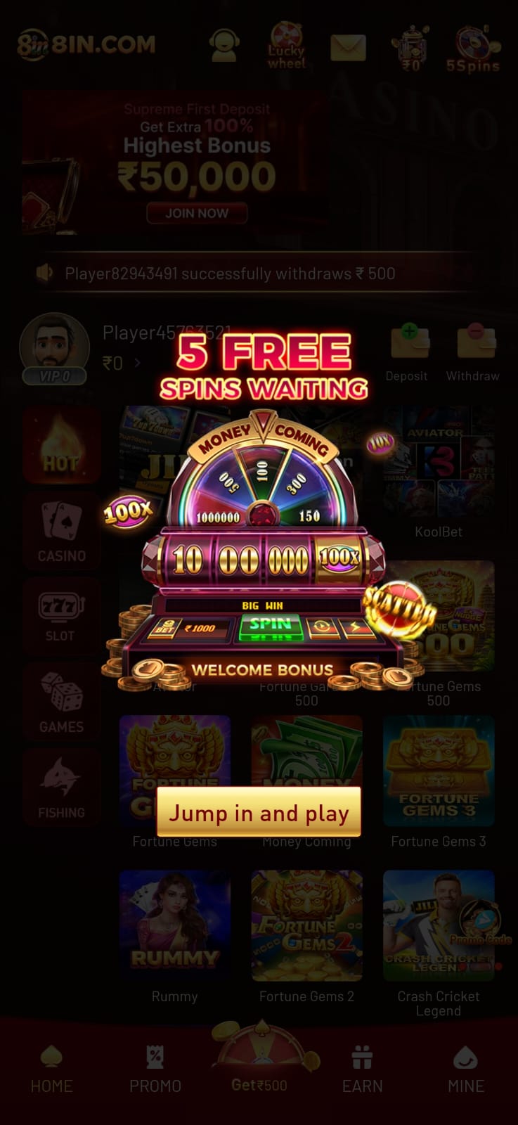 8IN Game gaming platform interface with bonus, free spins and game options